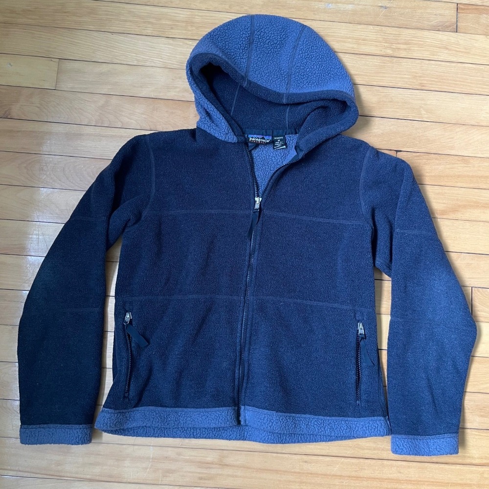 Vtg Patagonia Synchilla Fleece Hoodie Navy Blue Full Zip Jacket Women Medium USA